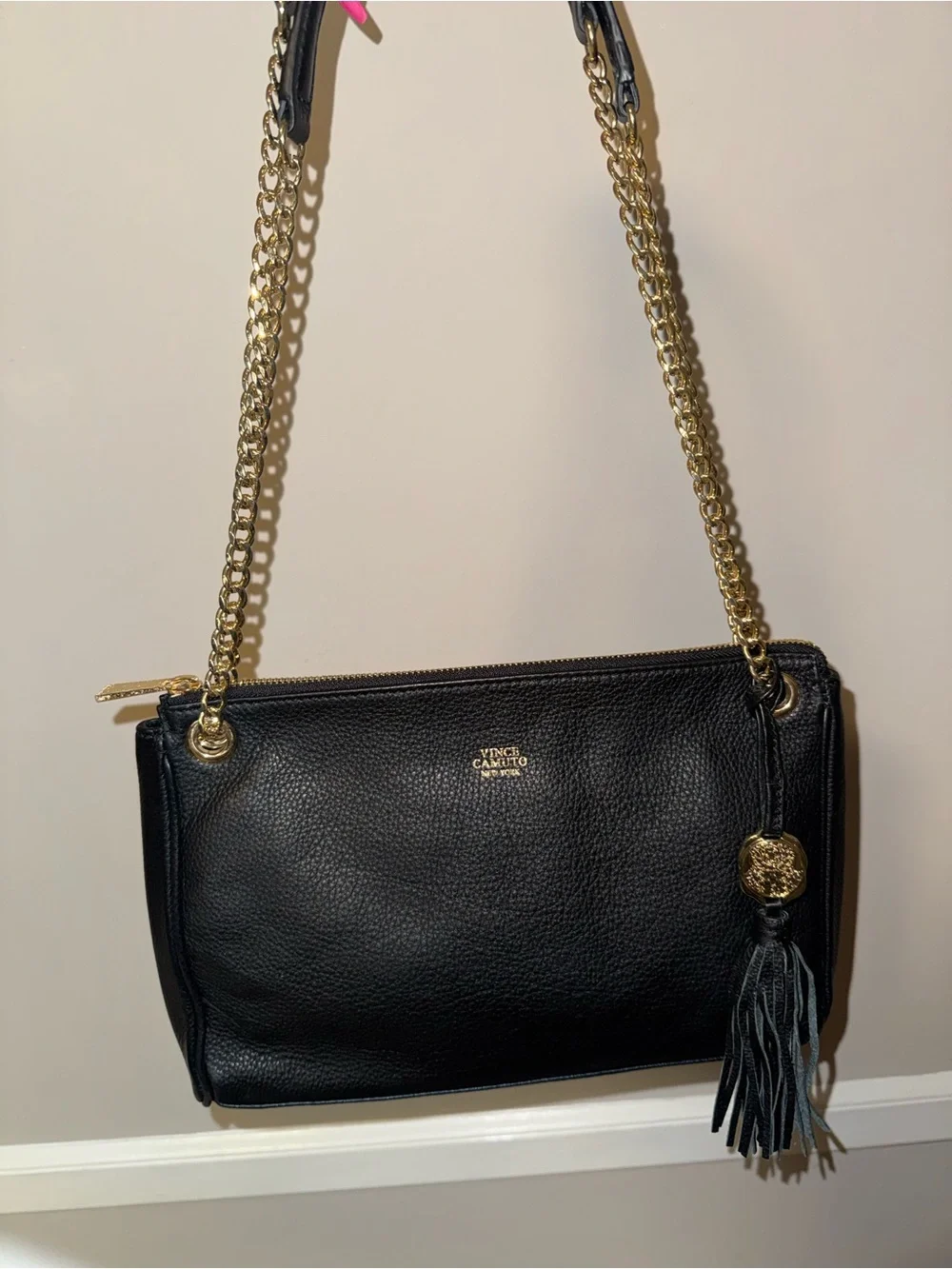 Vince Camuto Black Pebbled Leather Shoulder Bag with Gold Chain